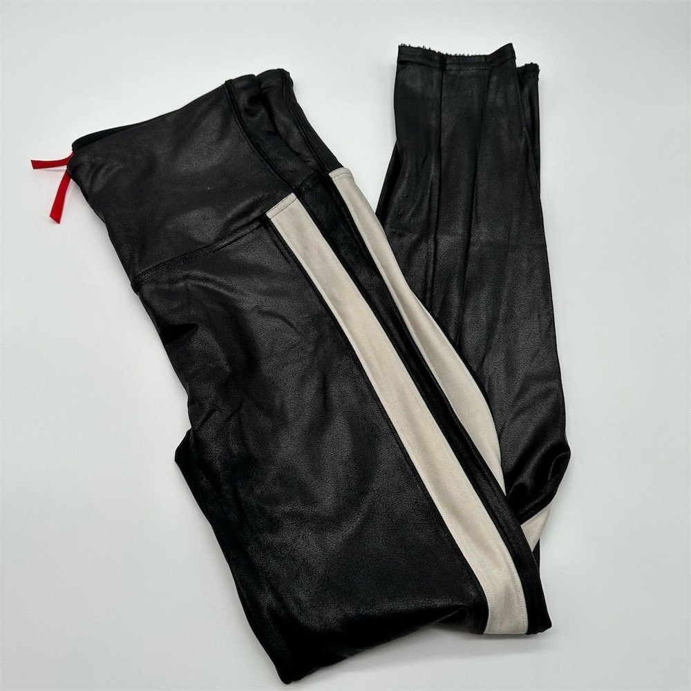 Spanx Women's Black‎ Faux Leather Side Stripe Leggings Size L
